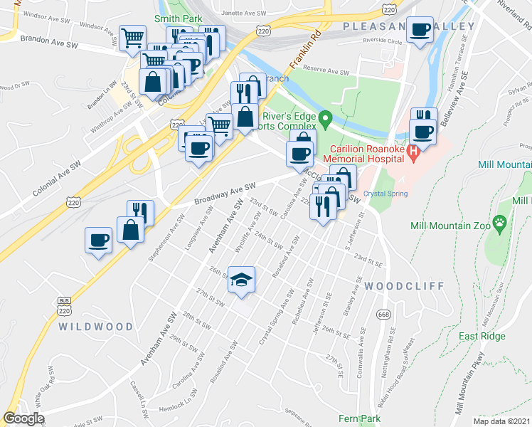 map of restaurants, bars, coffee shops, grocery stores, and more near 2222 Wycliffe Avenue Southwest in Roanoke