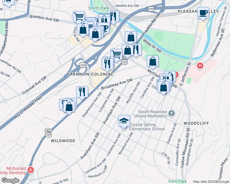 map of restaurants, bars, coffee shops, grocery stores, and more near 2324 Broadway Avenue Southwest in Roanoke