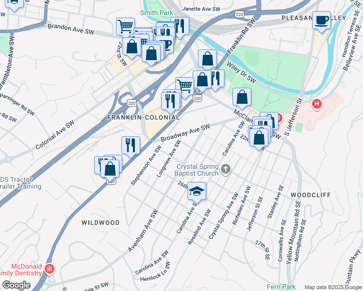 map of restaurants, bars, coffee shops, grocery stores, and more near 2324 Broadway Avenue Southwest in Roanoke