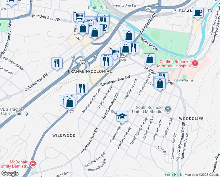 map of restaurants, bars, coffee shops, grocery stores, and more near 2402 Broadway Avenue Southwest in Roanoke