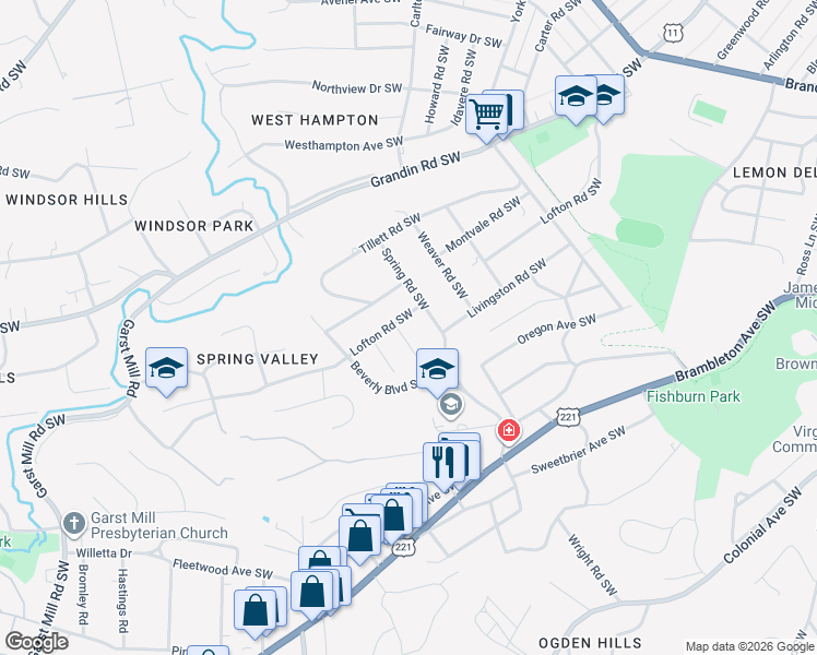 map of restaurants, bars, coffee shops, grocery stores, and more near 2719 Lofton Road in Roanoke