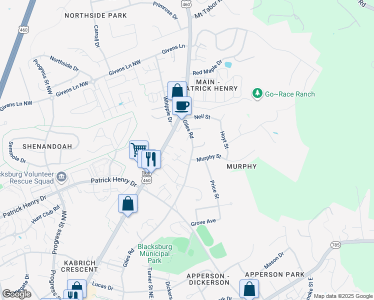 map of restaurants, bars, coffee shops, grocery stores, and more near 1315 Giles Road in Blacksburg