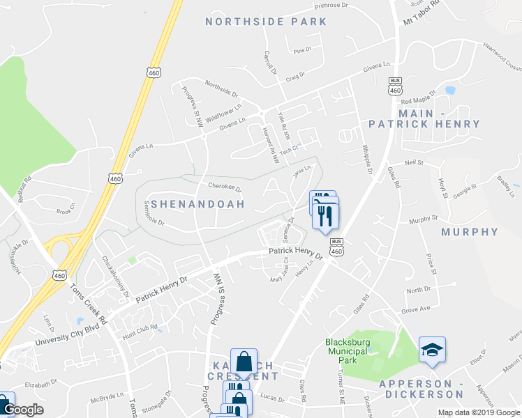 map of restaurants, bars, coffee shops, grocery stores, and more near 317 Pheasant Run Court in Blacksburg
