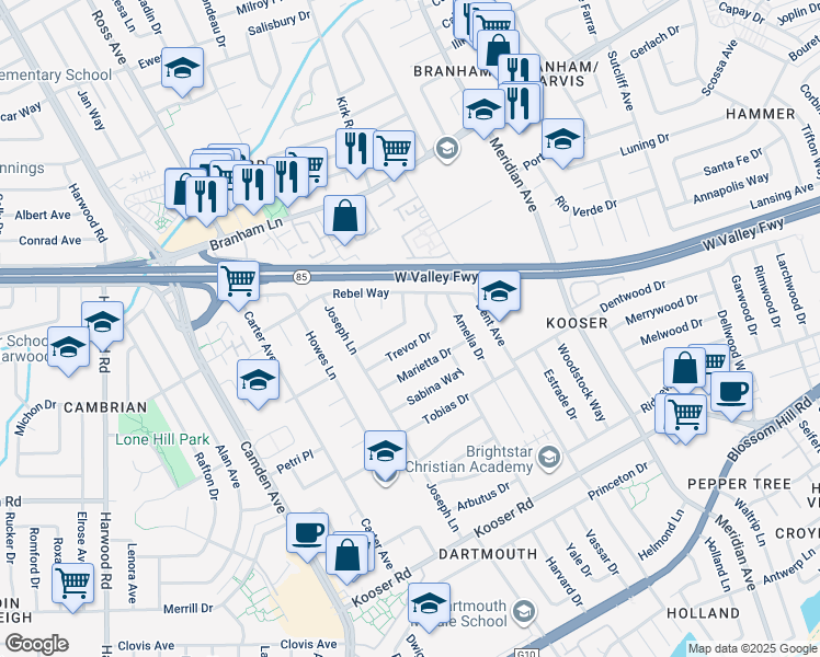 map of restaurants, bars, coffee shops, grocery stores, and more near 1572 Ballantree Way in San Jose