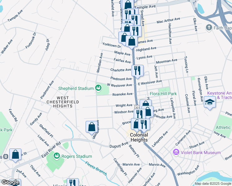 map of restaurants, bars, coffee shops, grocery stores, and more near 146 Roanoke Avenue in Colonial Heights