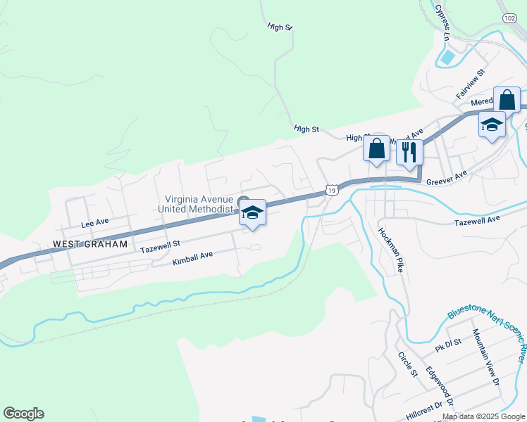 map of restaurants, bars, coffee shops, grocery stores, and more near 1819 Virginia Avenue in Bluefield