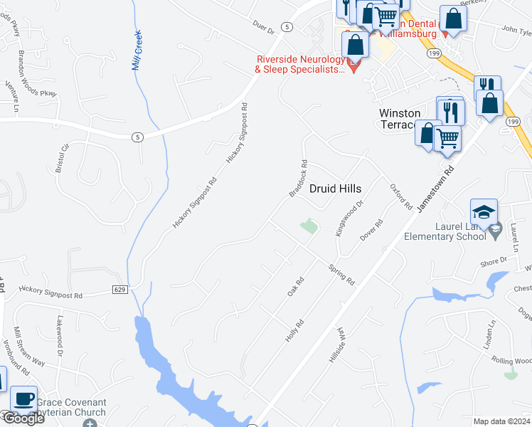 map of restaurants, bars, coffee shops, grocery stores, and more near 131 Braddock Road in Williamsburg