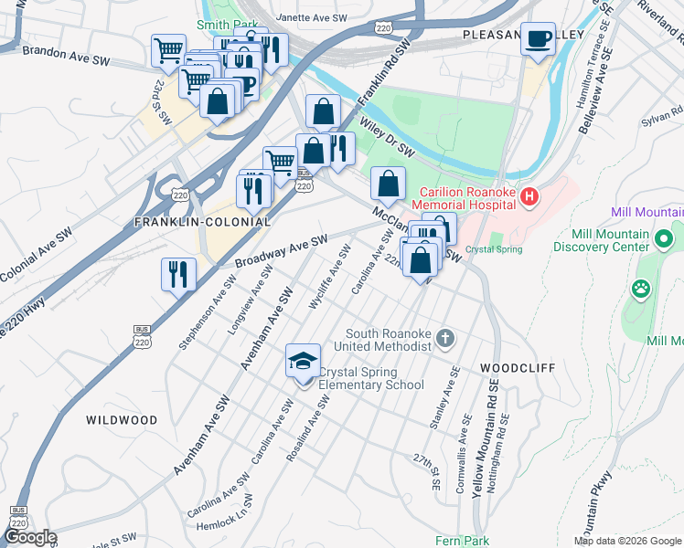 map of restaurants, bars, coffee shops, grocery stores, and more near 2222 Wycliffe Avenue Southwest in Roanoke