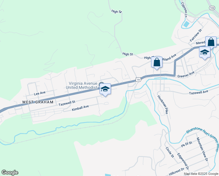 map of restaurants, bars, coffee shops, grocery stores, and more near 1819 Virginia Avenue in Bluefield