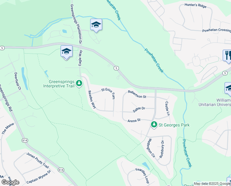 map of restaurants, bars, coffee shops, grocery stores, and more near 3951 Saint Erics Turn in Williamsburg