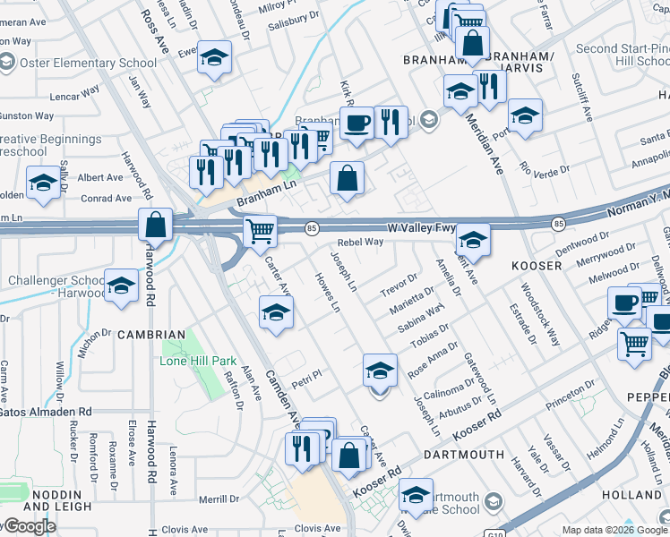 map of restaurants, bars, coffee shops, grocery stores, and more near 5051 Joseph Lane in San Jose