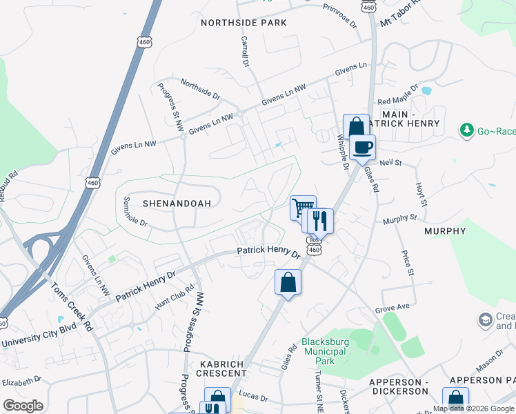 map of restaurants, bars, coffee shops, grocery stores, and more near 212 Pheasant Run Drive in Blacksburg