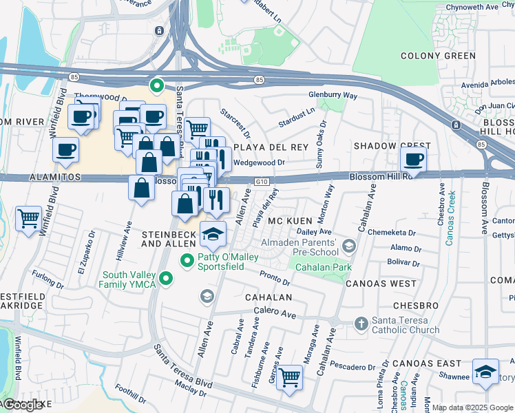 map of restaurants, bars, coffee shops, grocery stores, and more near 5629 Playa Del Rey Court in San Jose