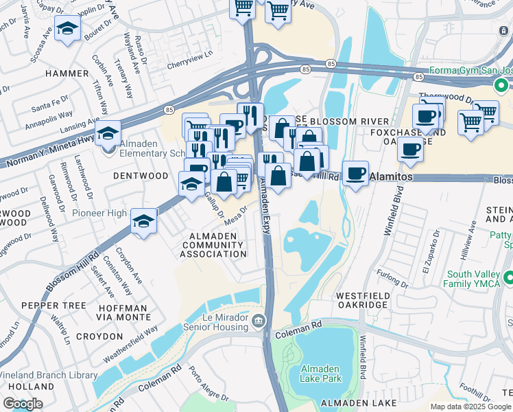 map of restaurants, bars, coffee shops, grocery stores, and more near 5670 Almaden Expressway in San Jose