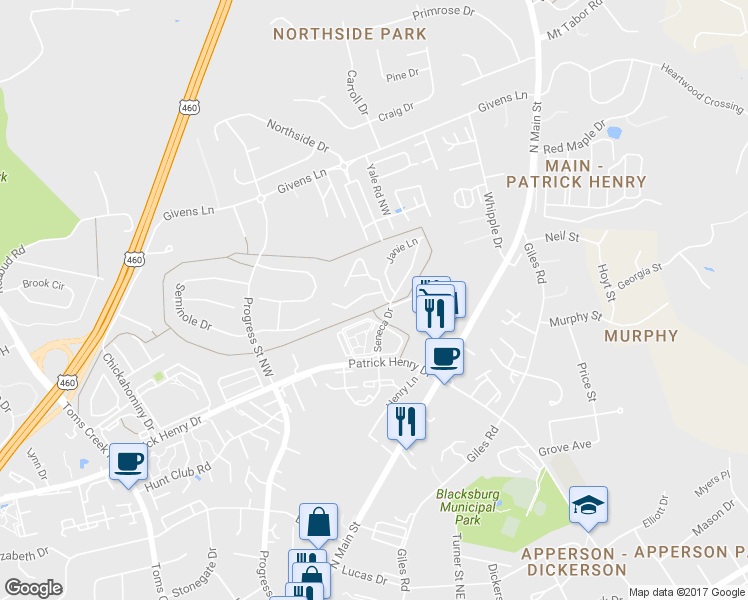 map of restaurants, bars, coffee shops, grocery stores, and more near 212 Pheasant Run Drive in Blacksburg
