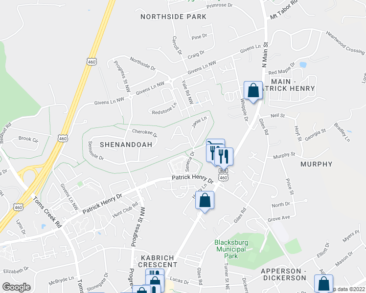 map of restaurants, bars, coffee shops, grocery stores, and more near 212 Pheasant Run Drive in Blacksburg