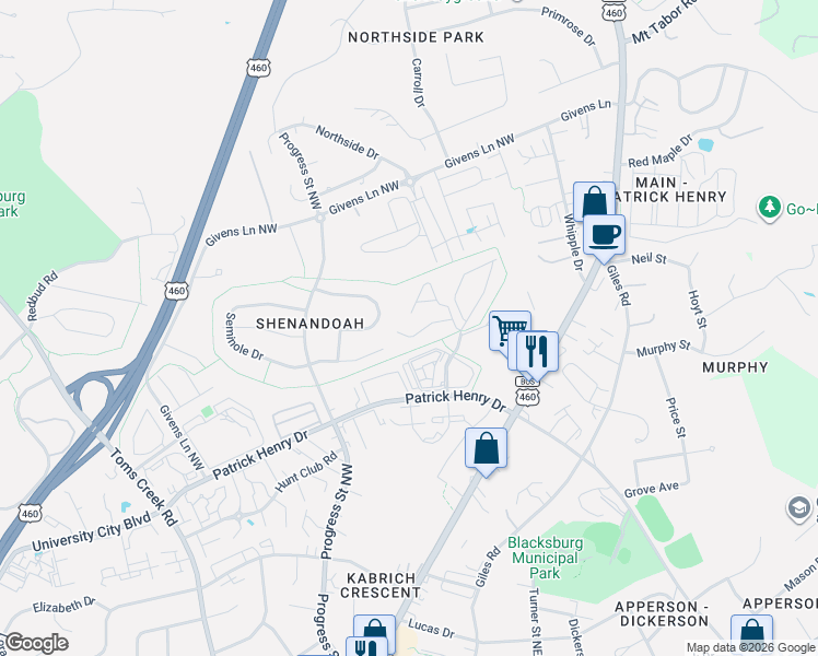 map of restaurants, bars, coffee shops, grocery stores, and more near 317 Pheasant Run Court in Blacksburg
