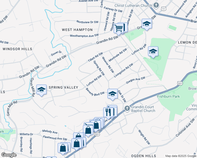 map of restaurants, bars, coffee shops, grocery stores, and more near 2702 Deerfield Road Southwest in Roanoke