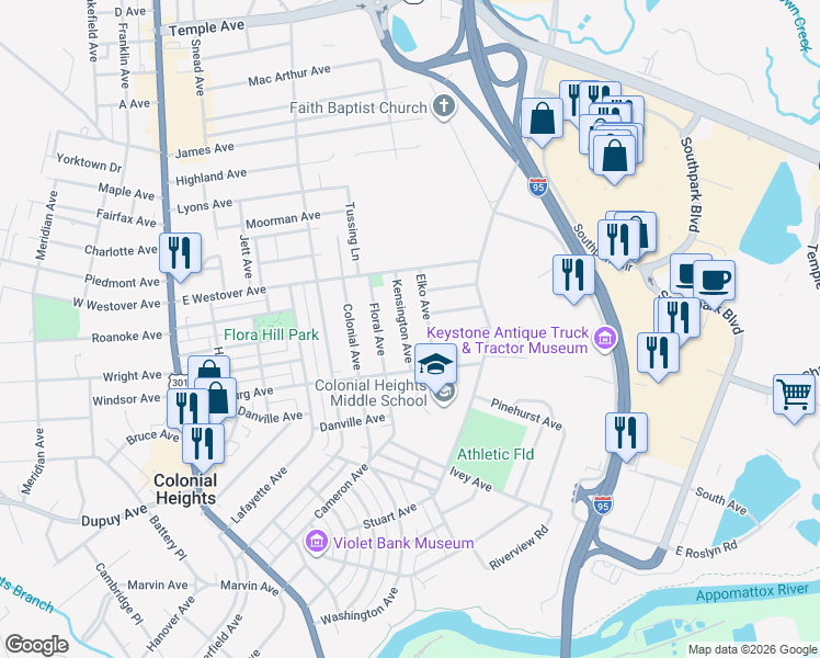 map of restaurants, bars, coffee shops, grocery stores, and more near 811 Kensington Avenue in Colonial Heights