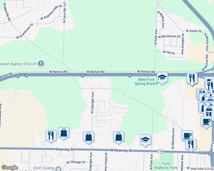 map of restaurants, bars, coffee shops, grocery stores, and more near 2577 West Farm Road 112 in Springfield