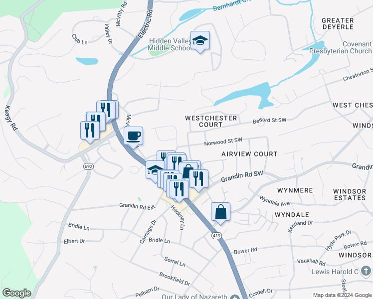 map of restaurants, bars, coffee shops, grocery stores, and more near 1901 Lytham Drive Southwest in Roanoke
