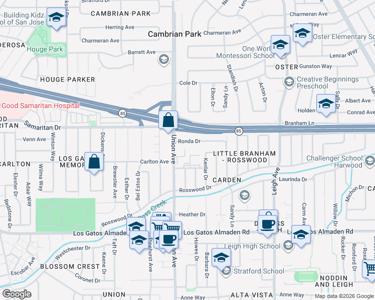 map of restaurants, bars, coffee shops, grocery stores, and more near 4816 Lakebird Place in San Jose