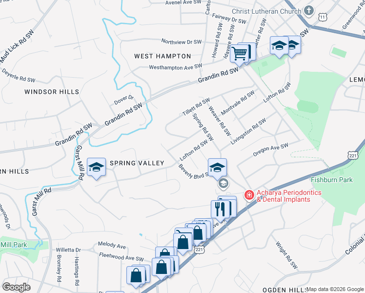 map of restaurants, bars, coffee shops, grocery stores, and more near 2835 Tillett Road Southwest in Roanoke
