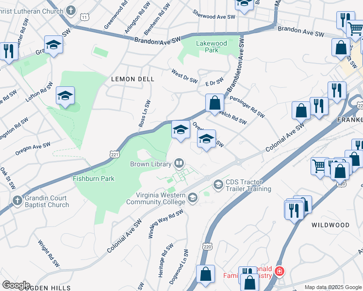 map of restaurants, bars, coffee shops, grocery stores, and more near 1160 Overland Road Southwest in Roanoke