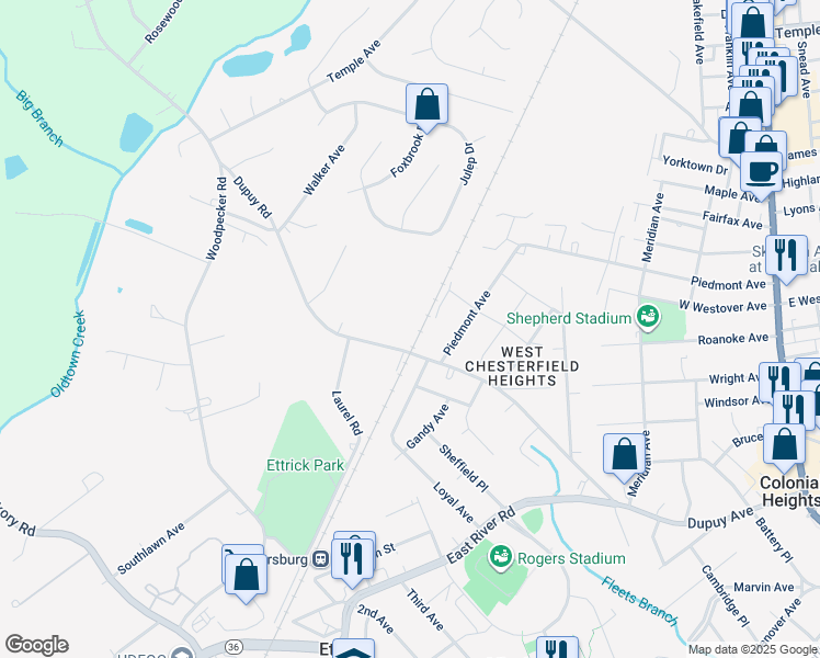 map of restaurants, bars, coffee shops, grocery stores, and more near 3600 Dupuy Road in Petersburg