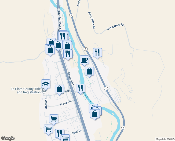 map of restaurants, bars, coffee shops, grocery stores, and more near 110 Rivergate Lane in Durango
