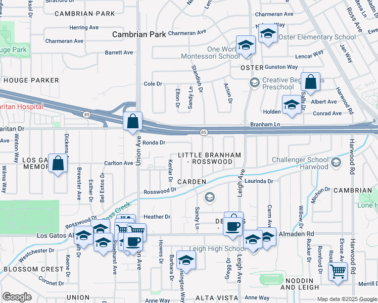map of restaurants, bars, coffee shops, grocery stores, and more near 14792 Ronda Drive in San Jose