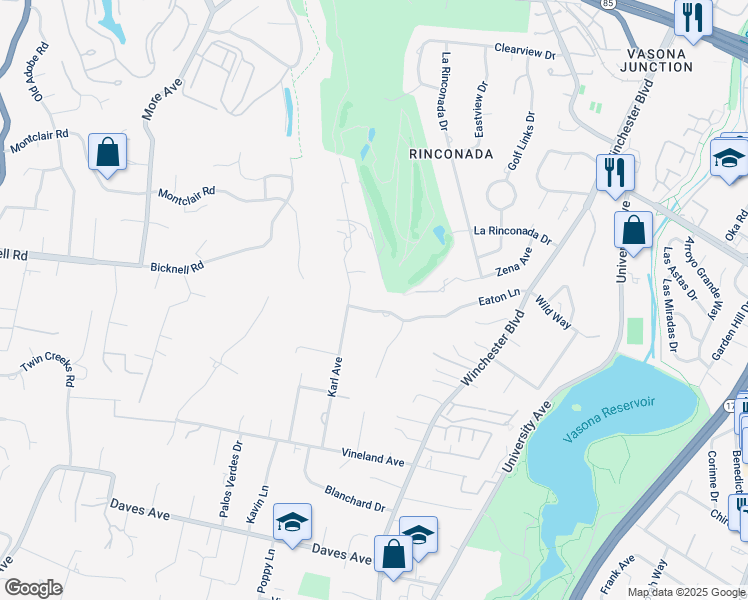 map of restaurants, bars, coffee shops, grocery stores, and more near 17620 Fairway Circle in Monte Sereno