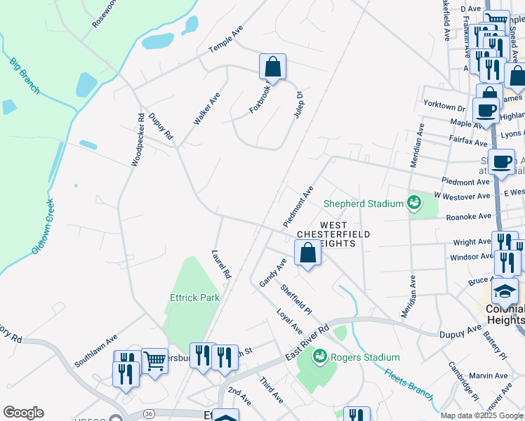 map of restaurants, bars, coffee shops, grocery stores, and more near 3600 Dupuy Road in Petersburg