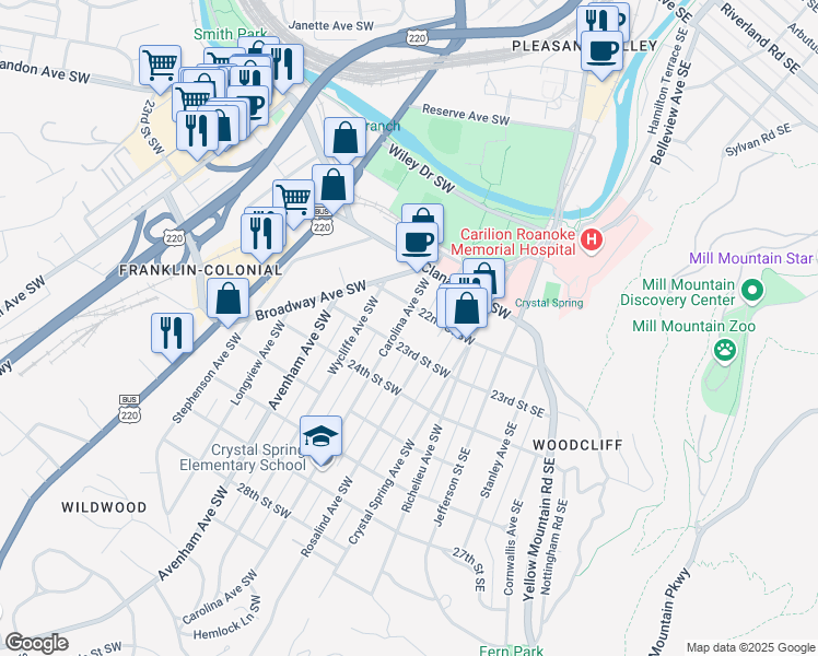 map of restaurants, bars, coffee shops, grocery stores, and more near 2128 Carolina Avenue Southwest in Roanoke