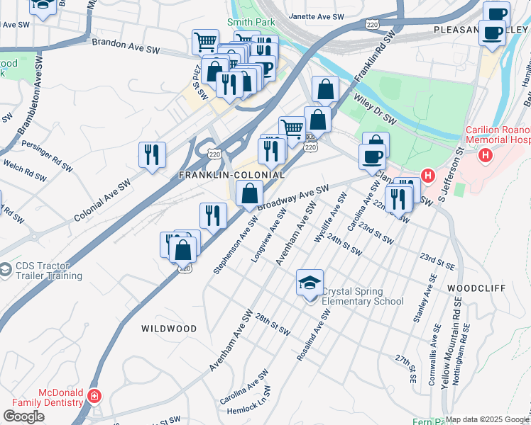 map of restaurants, bars, coffee shops, grocery stores, and more near 2402 Broadway Avenue Southwest in Roanoke