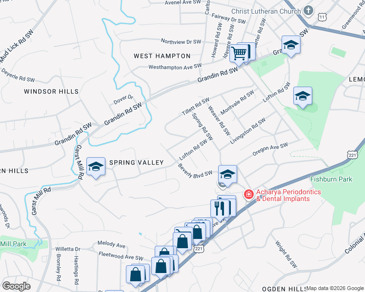 map of restaurants, bars, coffee shops, grocery stores, and more near 2835 Tillett Road Southwest in Roanoke