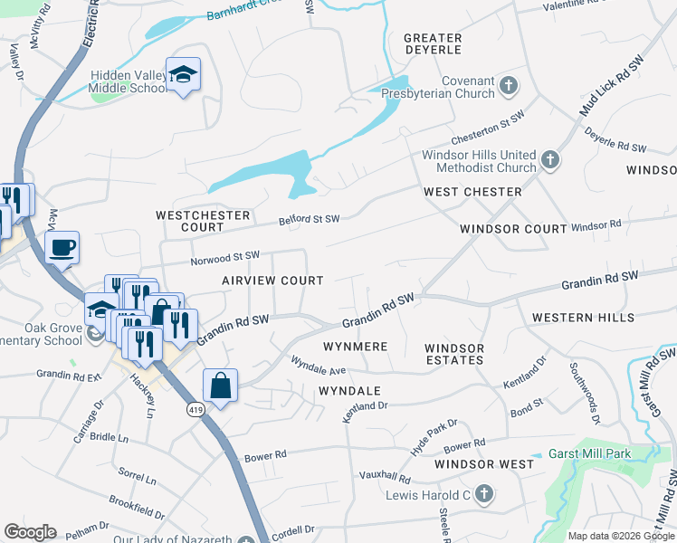 map of restaurants, bars, coffee shops, grocery stores, and more near 4401 Greenlee Road Southwest in Roanoke