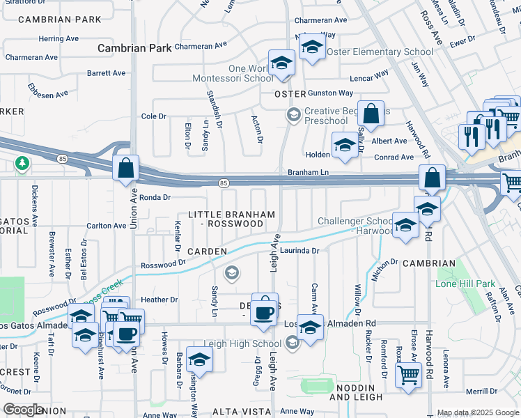map of restaurants, bars, coffee shops, grocery stores, and more near 4893 Tilden Drive in San Jose