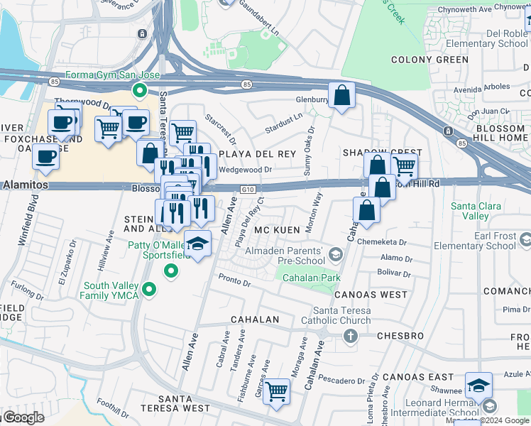 map of restaurants, bars, coffee shops, grocery stores, and more near 792 Delaware Avenue in San Jose