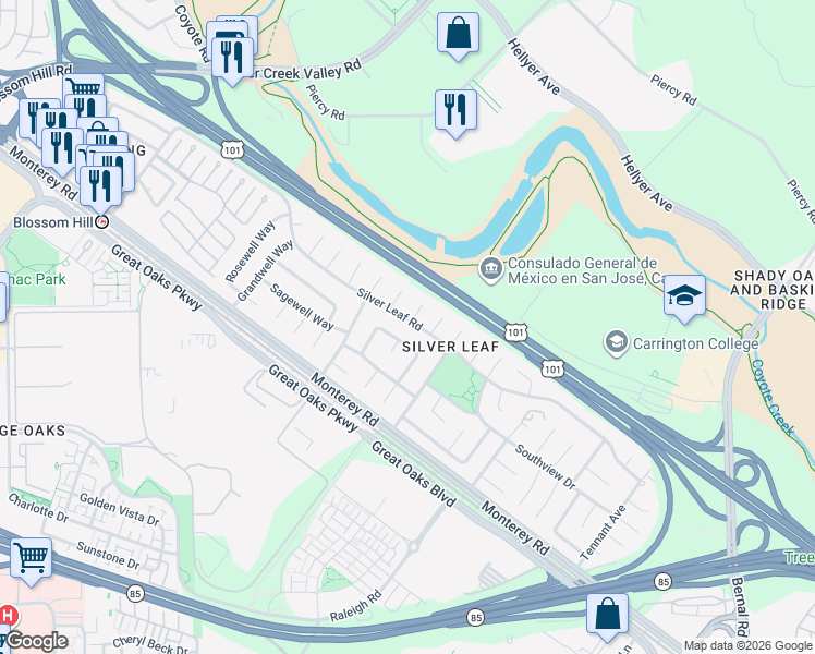 map of restaurants, bars, coffee shops, grocery stores, and more near 112 Parkwell Court in San Jose