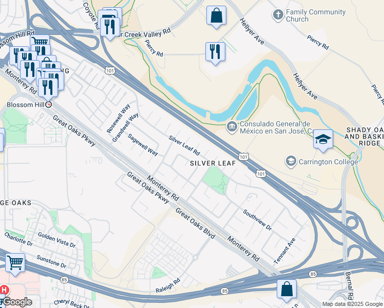 map of restaurants, bars, coffee shops, grocery stores, and more near 5736 Silver Leaf Road in San Jose