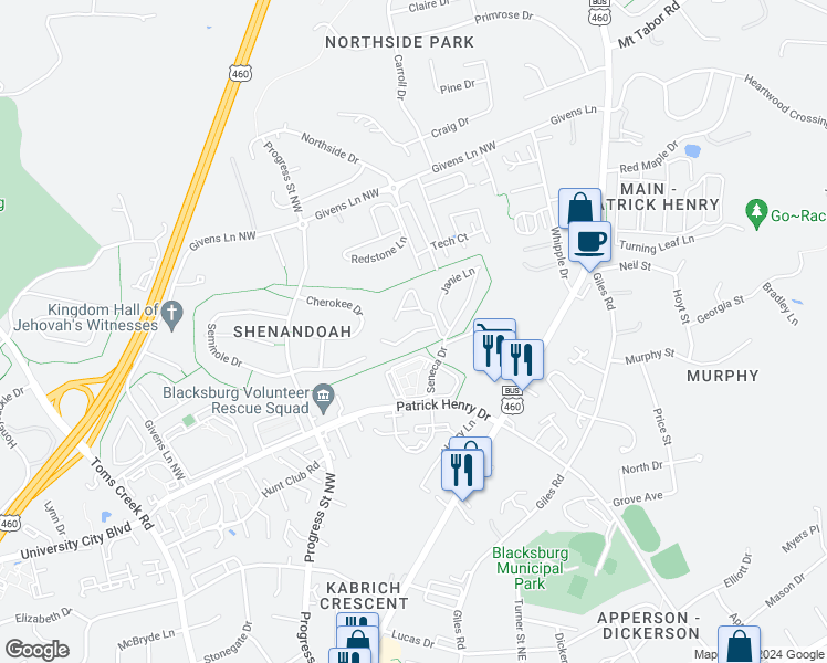 map of restaurants, bars, coffee shops, grocery stores, and more near 215 Pheasant Run Drive in Blacksburg