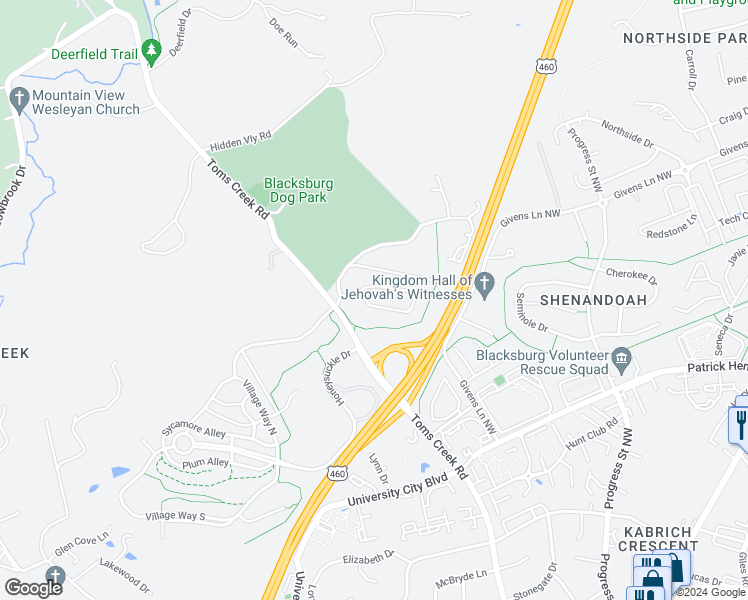 map of restaurants, bars, coffee shops, grocery stores, and more near 1127-1129 Brook Circle in Blacksburg