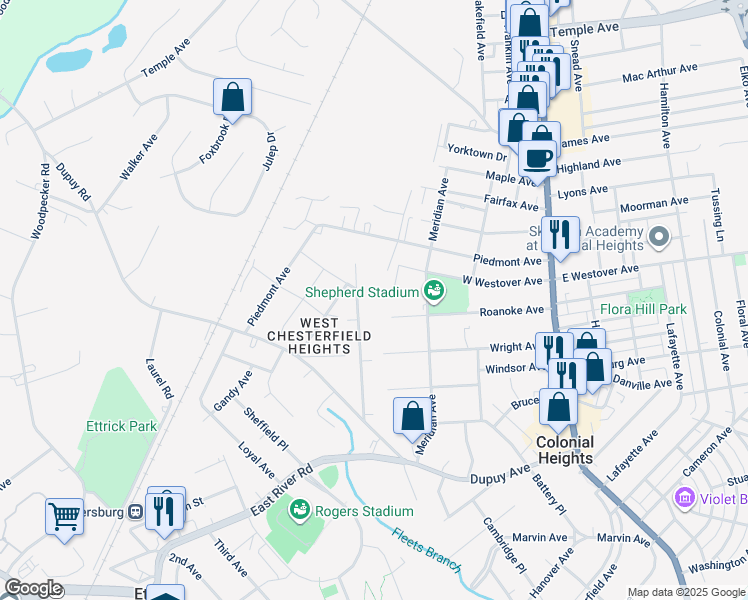 map of restaurants, bars, coffee shops, grocery stores, and more near 19905 Oakland Avenue in Colonial Heights