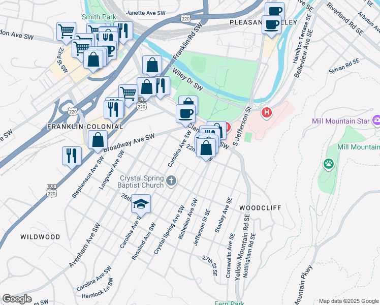 map of restaurants, bars, coffee shops, grocery stores, and more near 329 23rd Street Southwest in Roanoke