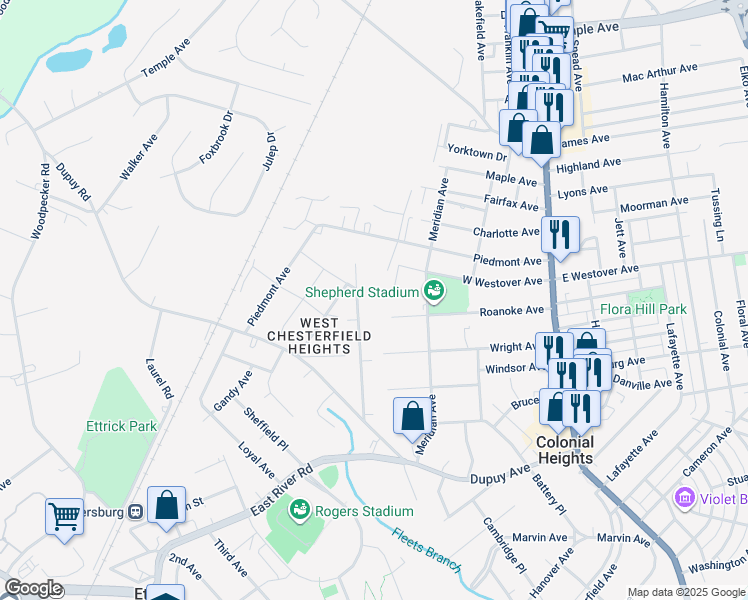 map of restaurants, bars, coffee shops, grocery stores, and more near 19905 Oakland Avenue in Colonial Heights