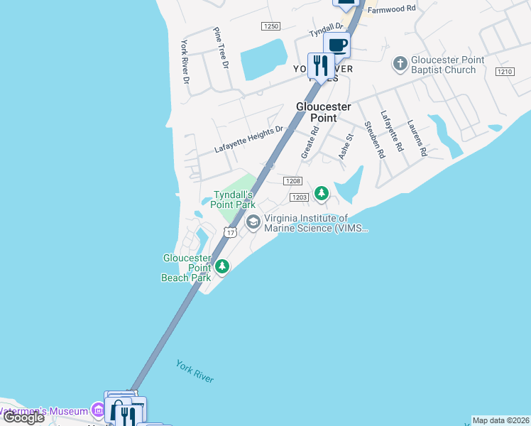 map of restaurants, bars, coffee shops, grocery stores, and more near 1375 Greate Road in Gloucester Point