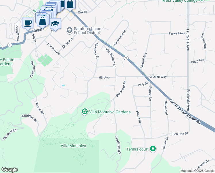 map of restaurants, bars, coffee shops, grocery stores, and more near 20200 Hill Avenue in Saratoga