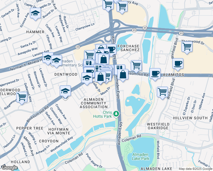 map of restaurants, bars, coffee shops, grocery stores, and more near 1146 Blossom Hill Road in San Jose