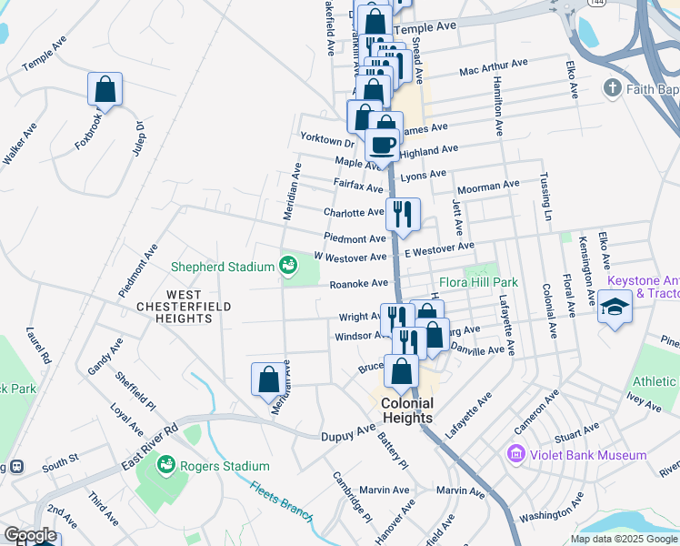 map of restaurants, bars, coffee shops, grocery stores, and more near 146 Roanoke Avenue in Colonial Heights